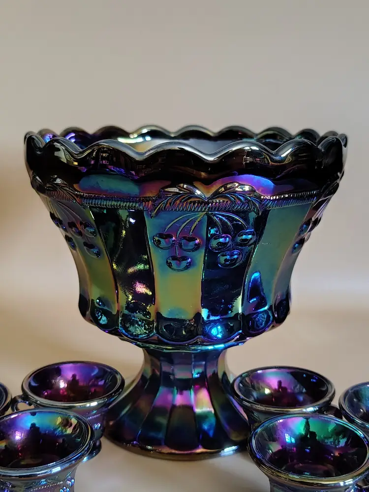 MOSSER, CHILD SIZE / MINIATURE Cherry Thumbprint Purple Amethyst Carnival Glass Punch Bowl and 6 Punch Cups