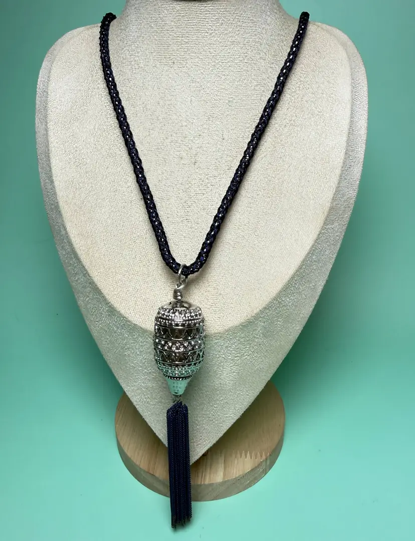 Vintage 32" Chico's Filigree Barrel Dark Navy Blue Tassel Necklace Braided Cord Silver Tone