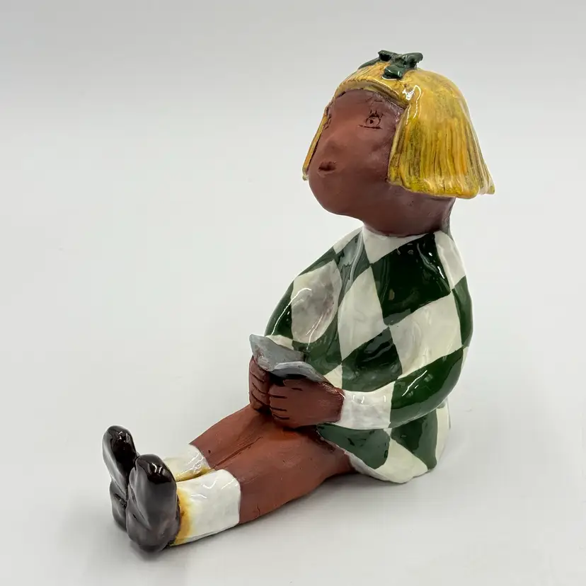 Redware Pottery Blonde Girl Sitting Reading Book Folk Art Unique Whimsical Figurine Statue