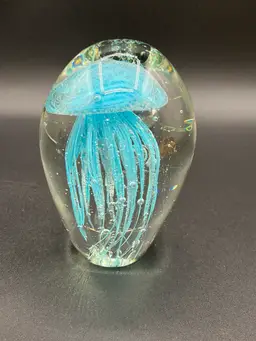 #01 🎉Pick Of The Week🎉 Aqua Blue Glow In The Dark Jellyfish Art Glass Paperweight 4.5🪼