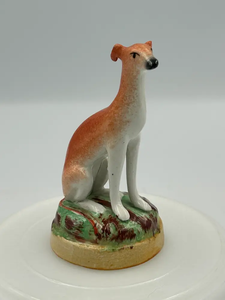 Antique Staffordshire, England, 4“ Whippet Fox Hunt Mantle Dog Figurine