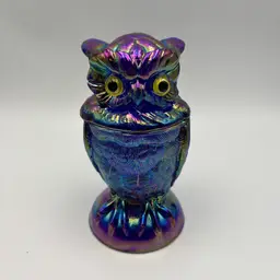 Carnival Cobalt Blue Glass Owl Covered Jar Trinket Dish Imperial Glass Mould by Mosser Glass Toby Jar