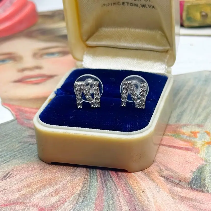 Sterling Silver White Sapphire “N” Stud Earrings