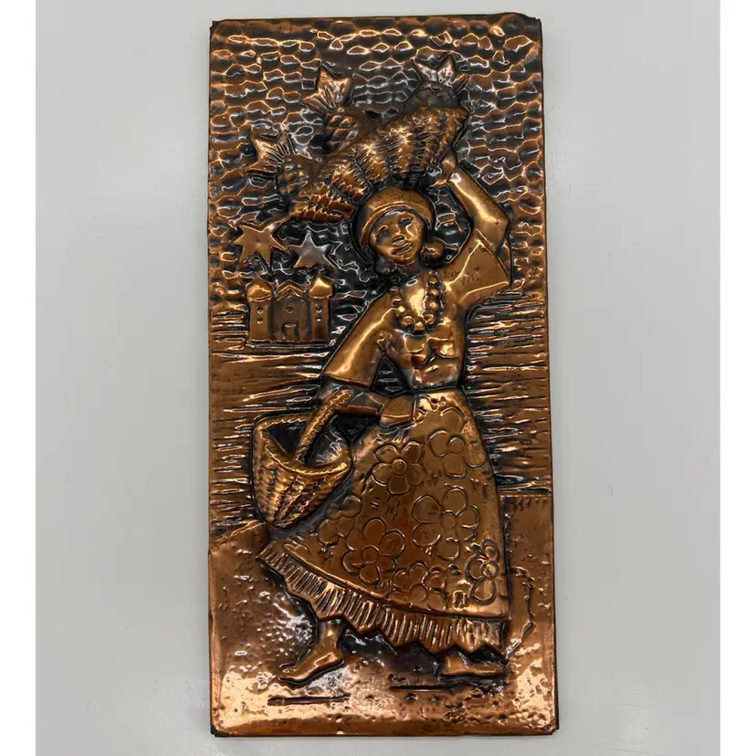 Vintage Copper Relief Art Wall Decor Plaque Lady Woman Girl Fruit Pineapple Basket On Head