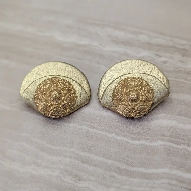 Vintage Clip On Earrings 1.25" Very Large Statement Earrings Gold Tone Unusual