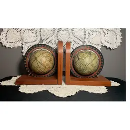 VINTAGE MID CENTURY MODERN ROTATING GLOBE BOOKENDS WOOD SET MADE IN HONG KONG