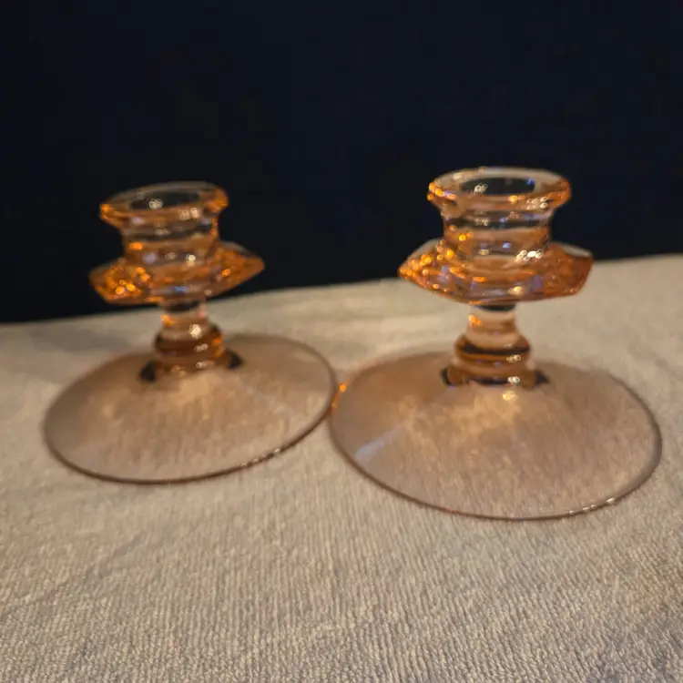Set of 2 Vintage 1930's Pressed Glass Candle Holders