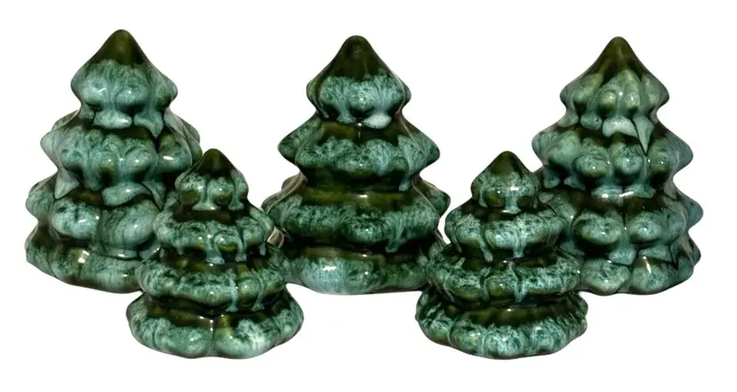 Vintage Ceramic Christmas Pine Trees Set of 5 Green Drip Glaze 3 1/4" and 2 1/4"