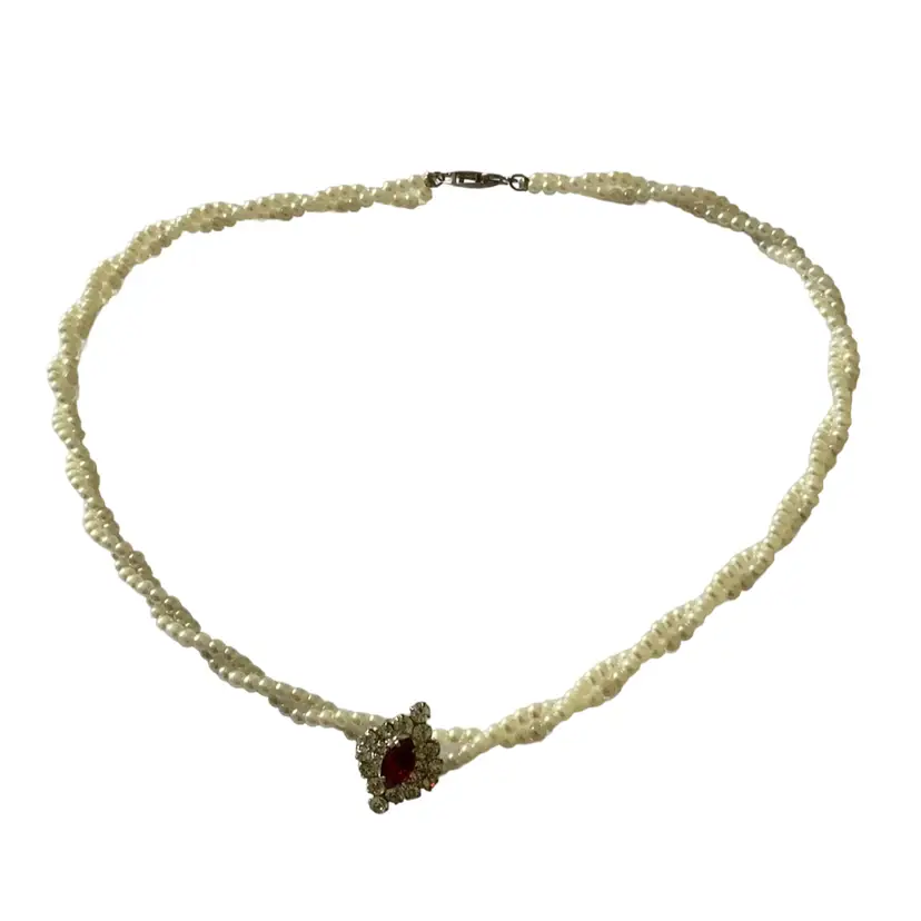 Vintage Napier Designer Twisted Faux Pearl Two Strand Costume Jewelry Necklace With Ruby Red And Clear Rhinestone Pendant 