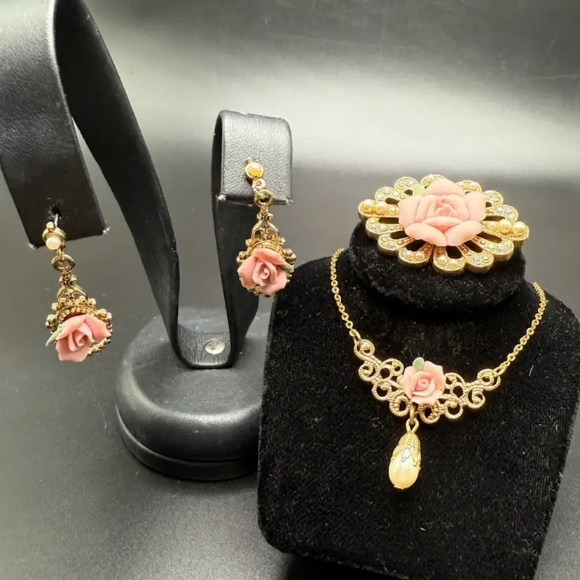 1928 Brand Gold Tone Brooch Earring & Necklace Set Pink Porcelain Flower