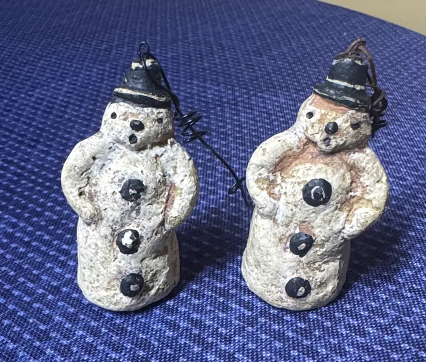 Snowman Holiday Ornaments Set of 2 vintage 2.75” hand-painted black hat rustic