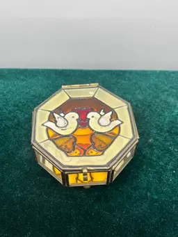 VTG Stained Glass Brass Dove Trinket Footed Box