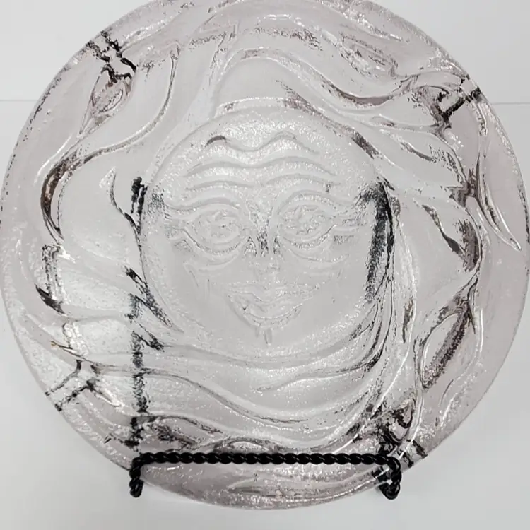 Vintage 1970s Blenko Sun Face Clear Light Pinkish Ashtray