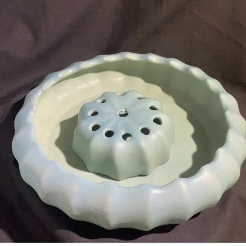 Van Briggle Turquoise Flower Dish With Flower Frog, Chip, Vintage 