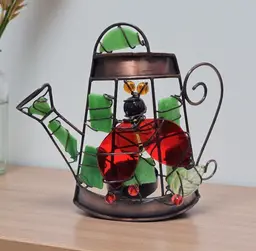 Stained Glass Copper Tone Watering Can Tea Light Candle Holder Ladybug Cottage