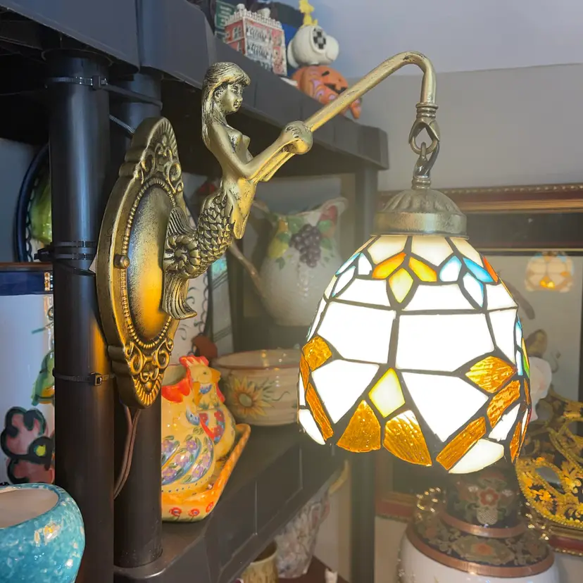Mermaid Lamp, Mermaid, Holding Stained Glass Lampshade Hangs On Wall
