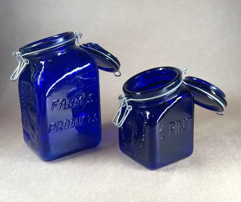Cobalt Blue Clamp 1 Granny Glass 1879 Jar 2 Pc Canister Set - READ