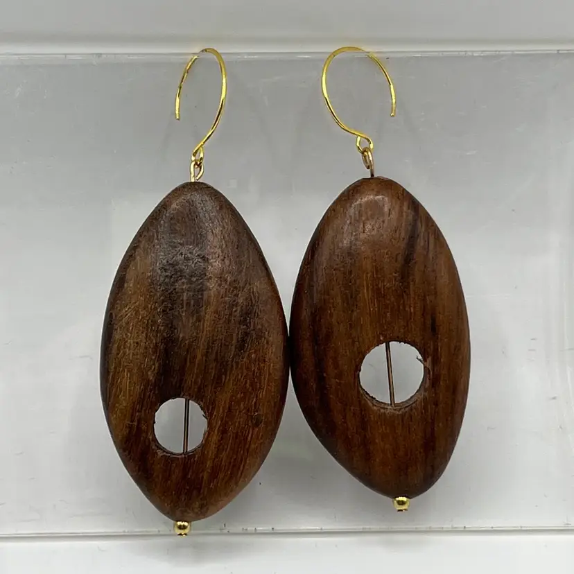 Wood And GOLD Accent Oval Earrings French Wire Hook 3” Drop
