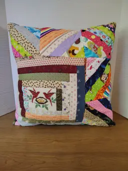 Vintage Handmade Quilted Patchwork Pillow Denim Cross Stitch Birds  Log Cabin