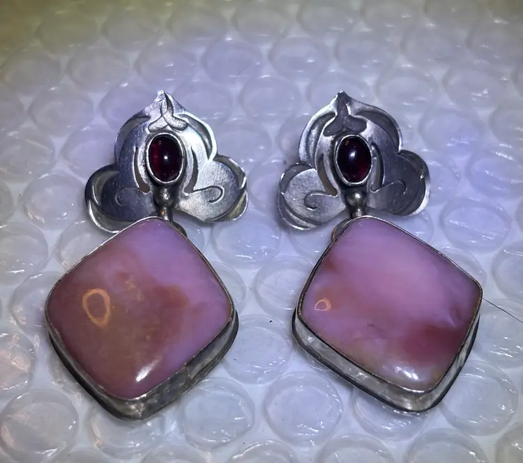 Vintage Rocki Gorman Sterling Rhodochrosite and Garnet Earrings