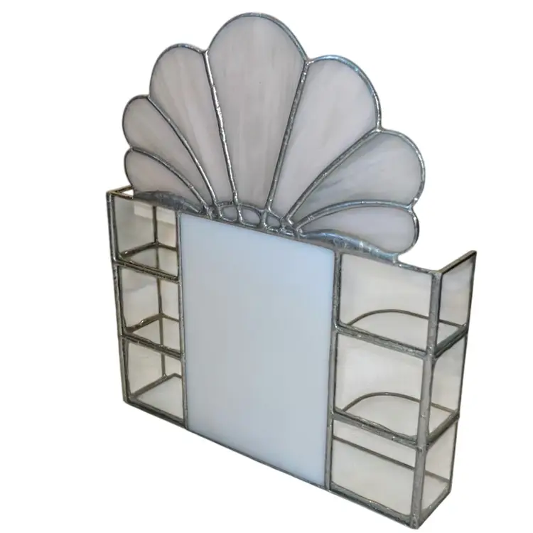 Stained Glass Art Deco Table Top Display Shelf (Shell Pink, White & Clear Glass 11” x 9.75”