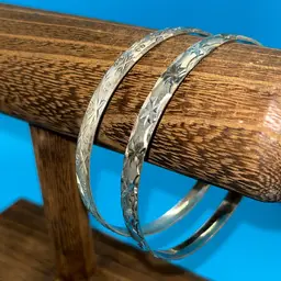 Two Silver Gold Etched Bangle Bracelets 8 1/2”