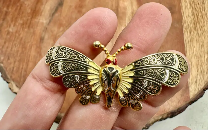 Vintage Gold Tone Damascene Enamel Butterfly Pin Brooch Estate Marked Spain