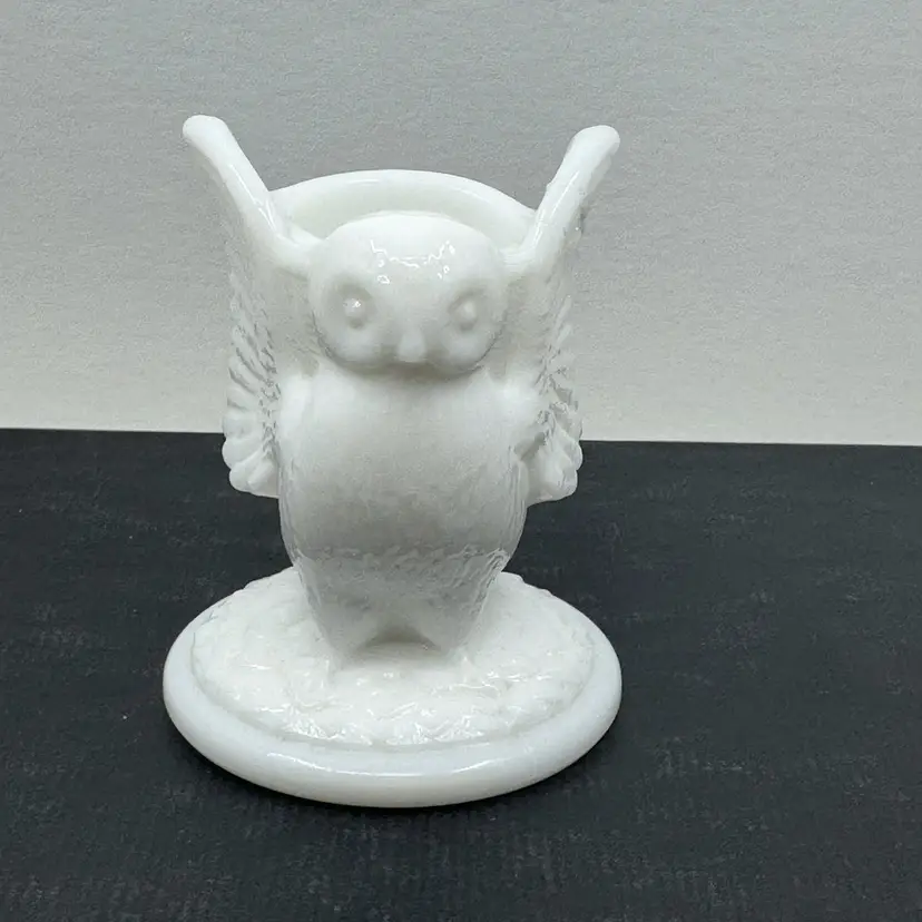 White milk glass owl-shaped toothpick or match holder; Tip Of One Wing Repaired-see Photo