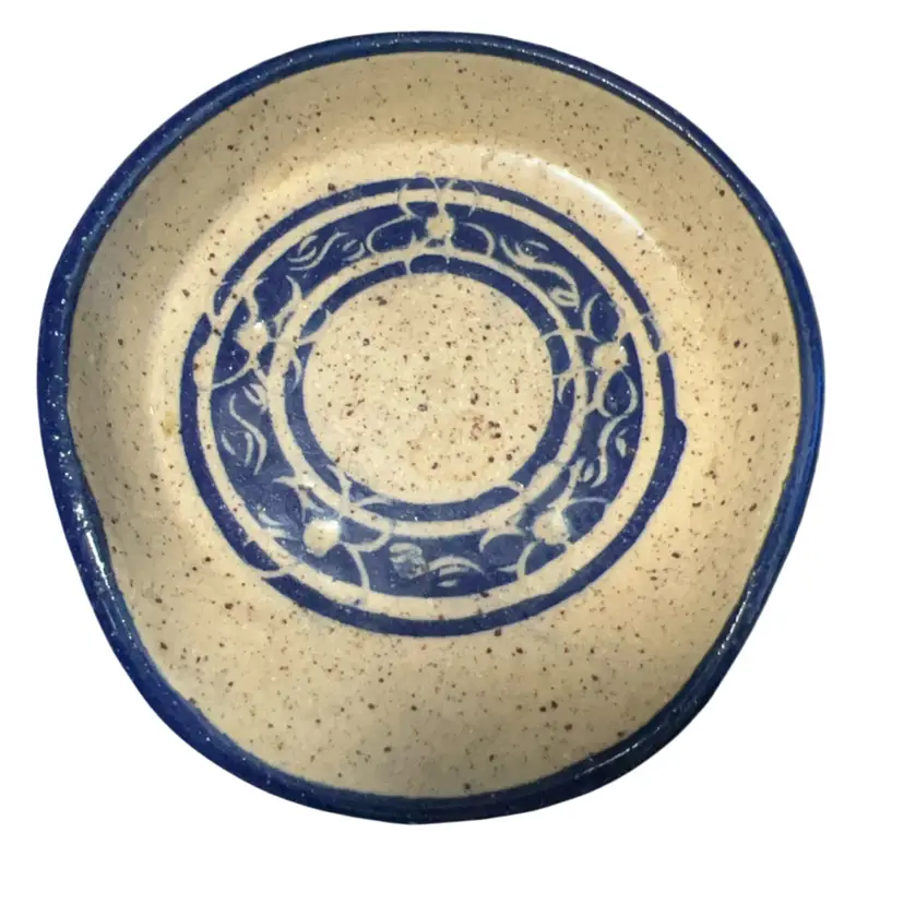Studio Pottery Spoon Rest Tan And Blue Color Signed, Dated 2008 No Chips Or Cracks 3”