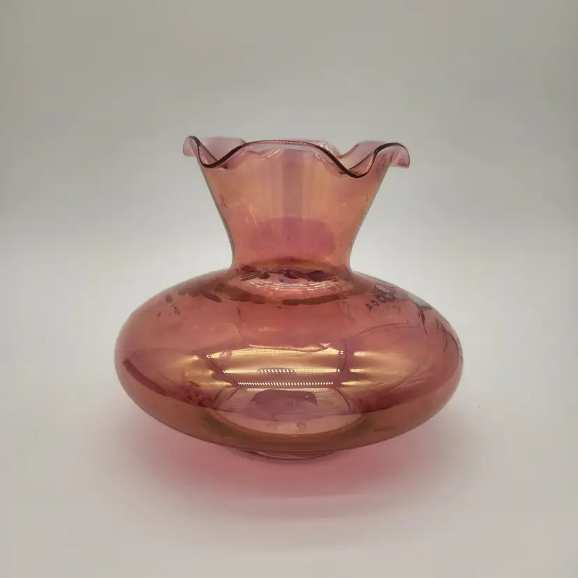 Beautiful 5" Tall Cranberry Glass Vase Hand Painted White Floral Ruffled Rim