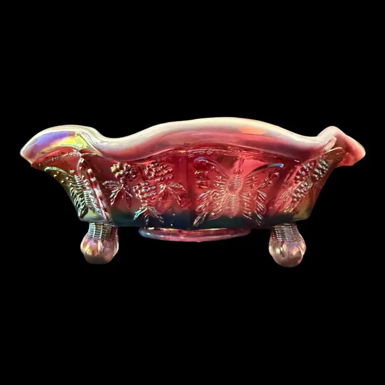 Fenton Glass Plum Opalescent Iridescent Butterflies & Berries Ball In Claw Carnival Glass Bowl 9.25”x3.5”