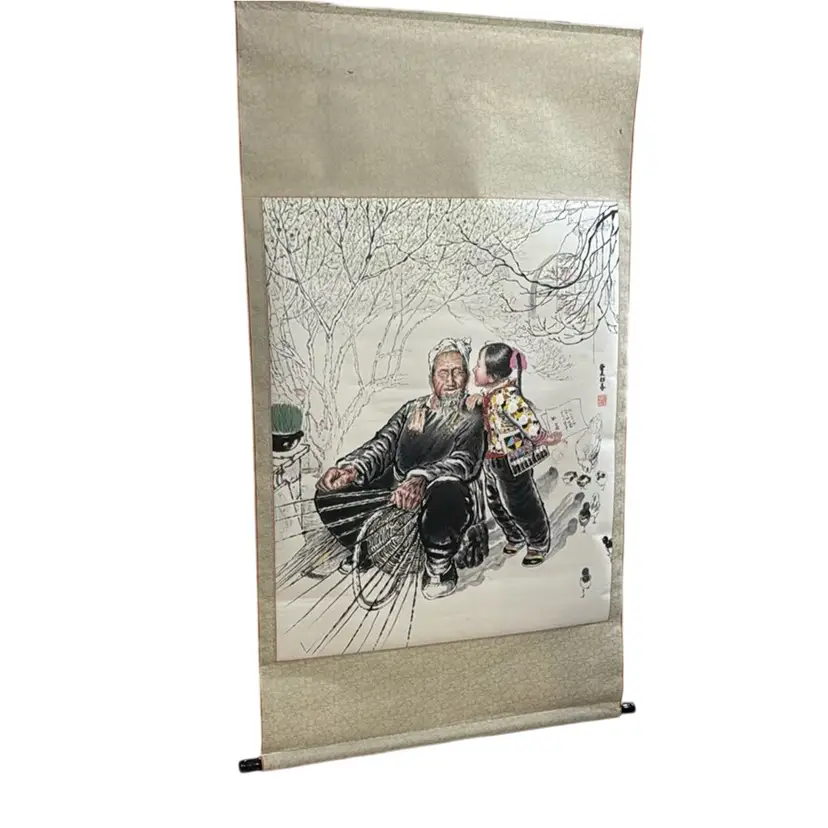 Liu Wenxi Signed Chinese Hand Painted Calligraphy Scroll Man And Little Girl