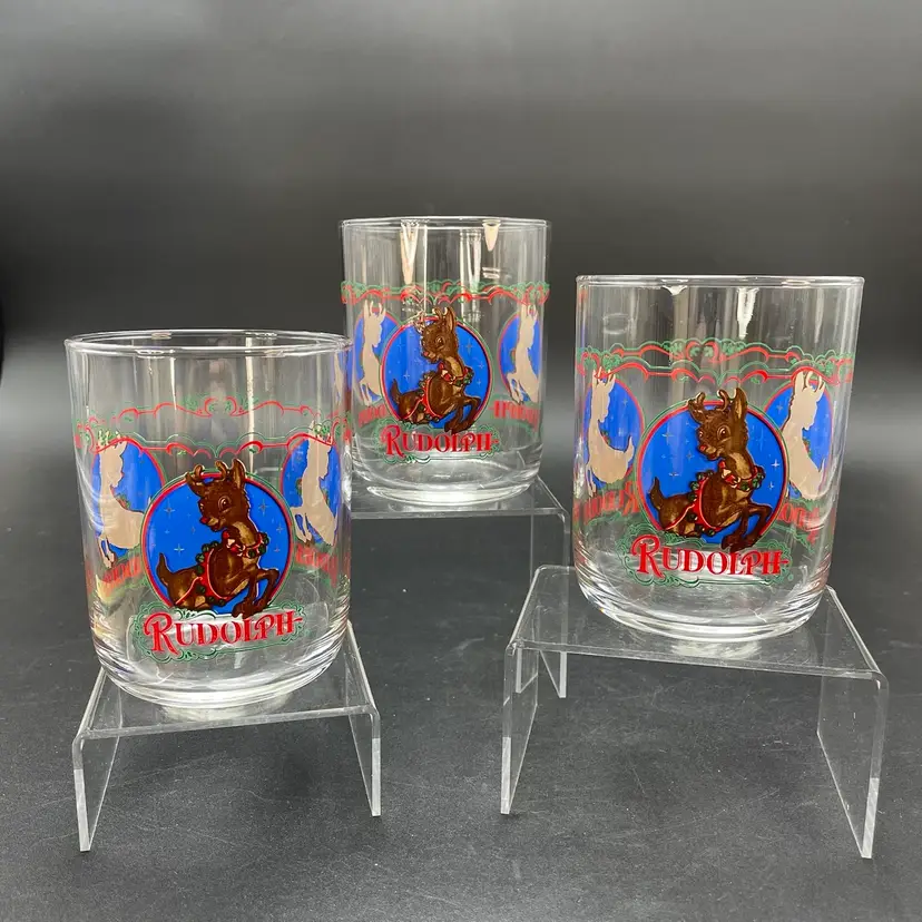 Libbey Rudolph the Red Nosed Reindeer Glass Tumblers VTG Christmas Set of 3