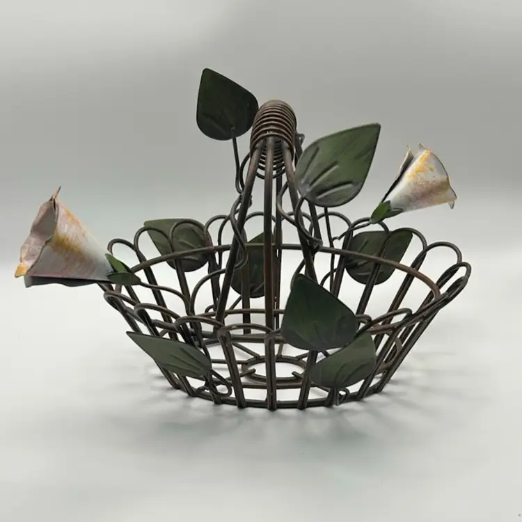 Vintage Brown Metal Basket With Floral Accents 7.5 X 6 Inches