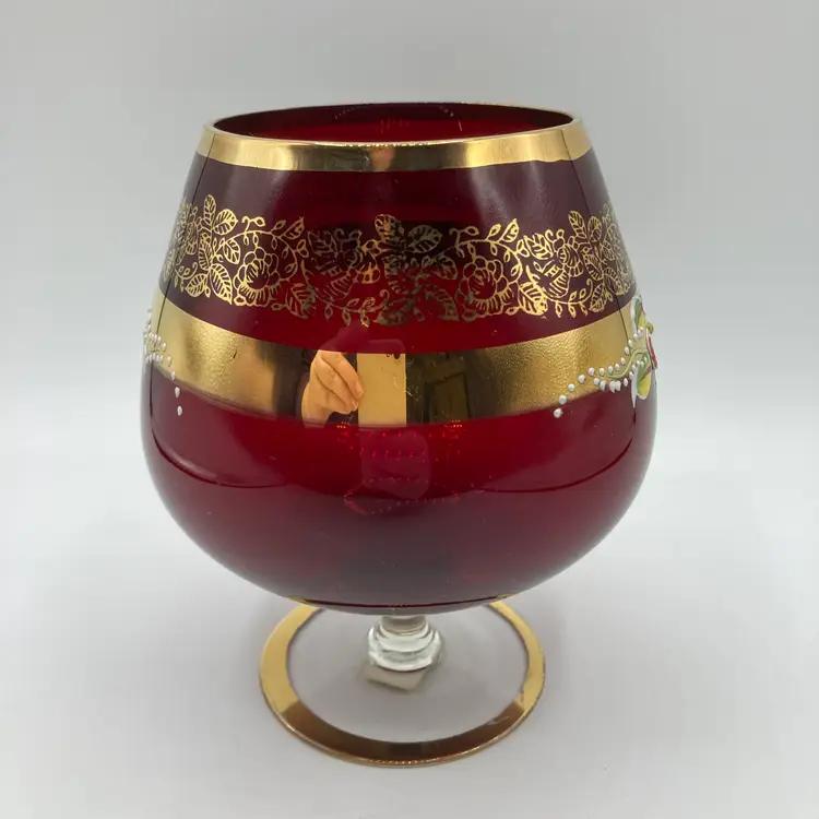 Vintage KREISS Japan Ruby Glass Brandy Snifter Enameled Flowers Gold Gilt 6" H
