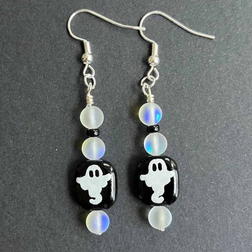 Handmade By Me- Halloween Ghost Glass Bead Dangle Earrings, Hand Drawn Glass Beads, Nickel Free