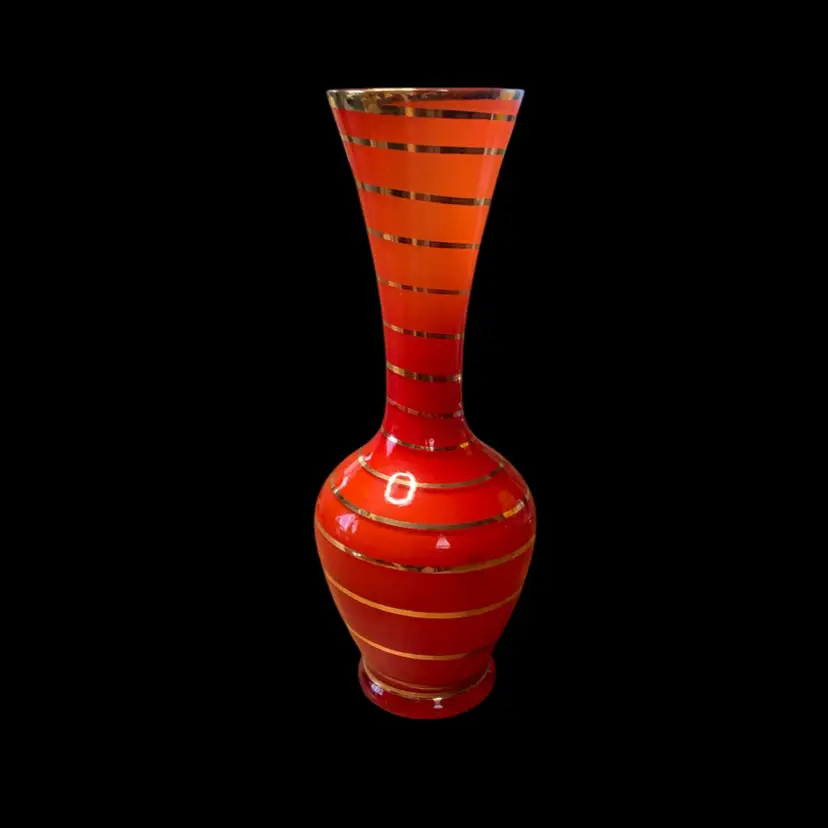15a.Red Vintage Blown Glass Vase With Gold Stripping