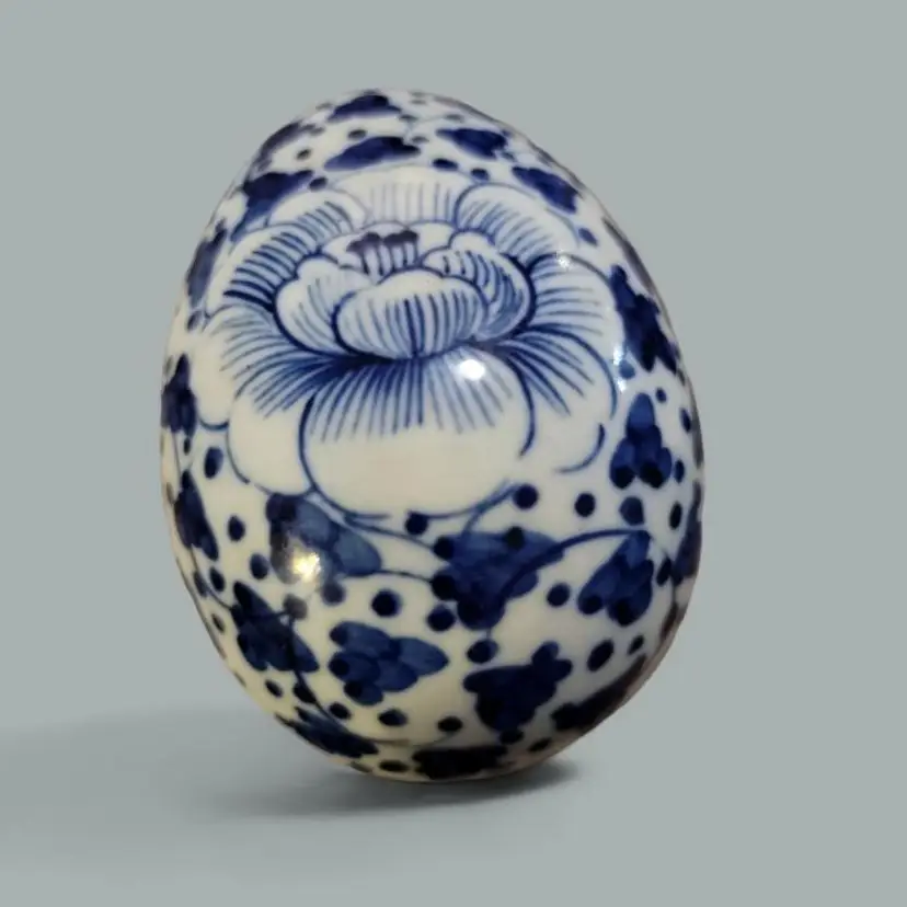 Easter Blue White Hand Painted Egg Trinket Dish Secret Stash Flowers