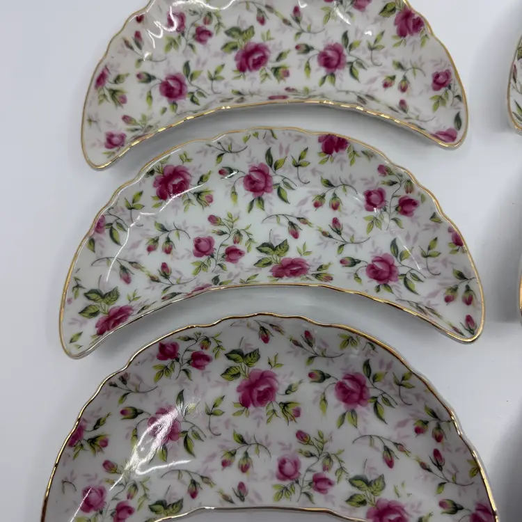 6 Vintage Lefton China Crescent Moon Pink Rose Chintz Bone Dishes Japan