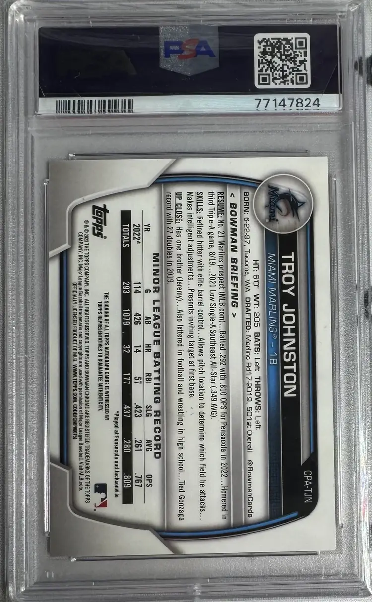 2023 Bowman Chrome Troy Johnston 1st Gold Refractor Auto 44/50 PSA 10 Miami Marlins