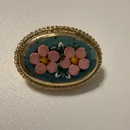 Mini Gold Tone Pink Flower Floral Micro Mosaic