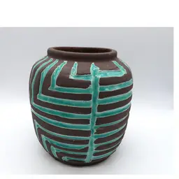 MCM Raku Pottery Vase Turquois Black Brown finish 6.5" tall
