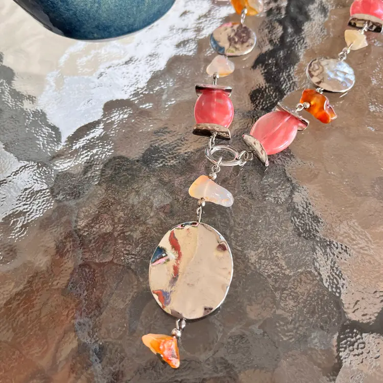 Hammered Metal Cherry Quartz Gemstone Pendant Necklace