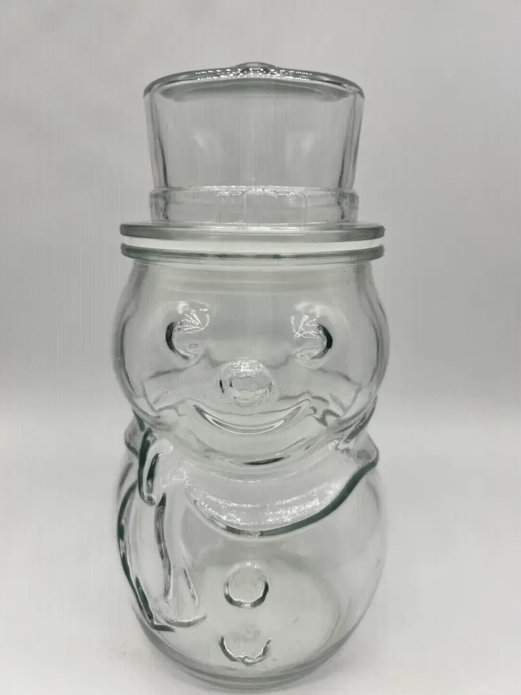 Vintage Clear Glass Lidded Snowman Jar