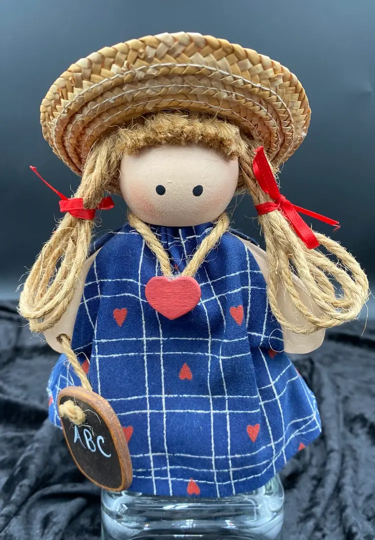 Handmade Primitive-style Wooden Doll, Schoolgirl with Chalkboard & Hearts