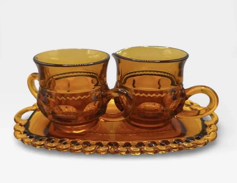 Vintage Indiana Glass Kings Crown Thumbprint Amber Sugar, Creamer & Tray Set