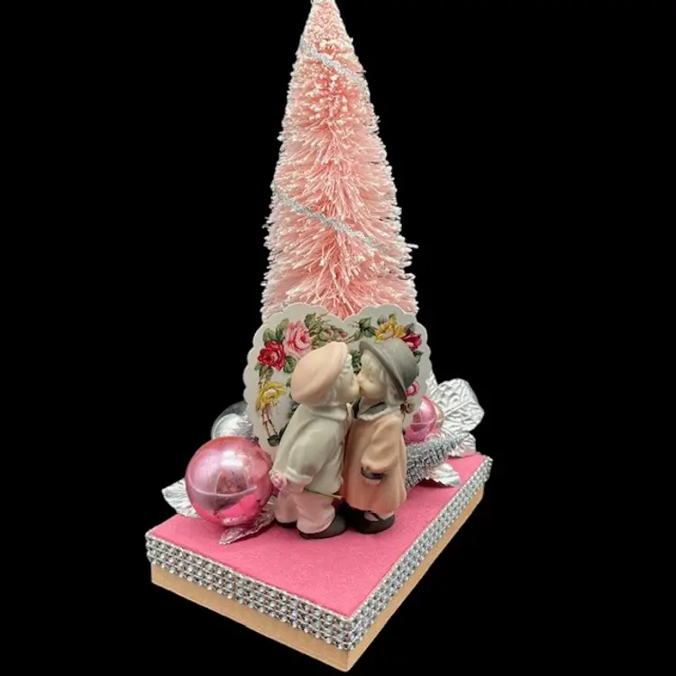 VTG Christmas Assemblage Pink Bottle Brush Tree & Kissing Couple 10" tall x 6.5" wide - Handmade by Me