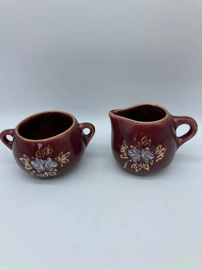 Maroon Cream and Sugar, Ceramic, Hand Painted with 22K Gold, Arkansas