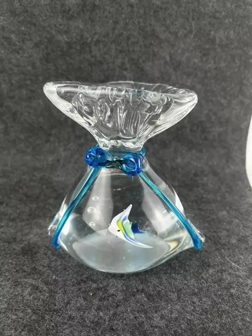 Art Glass Figure 5” Angel Fish in Clear Bag w/ Blue Ribbon