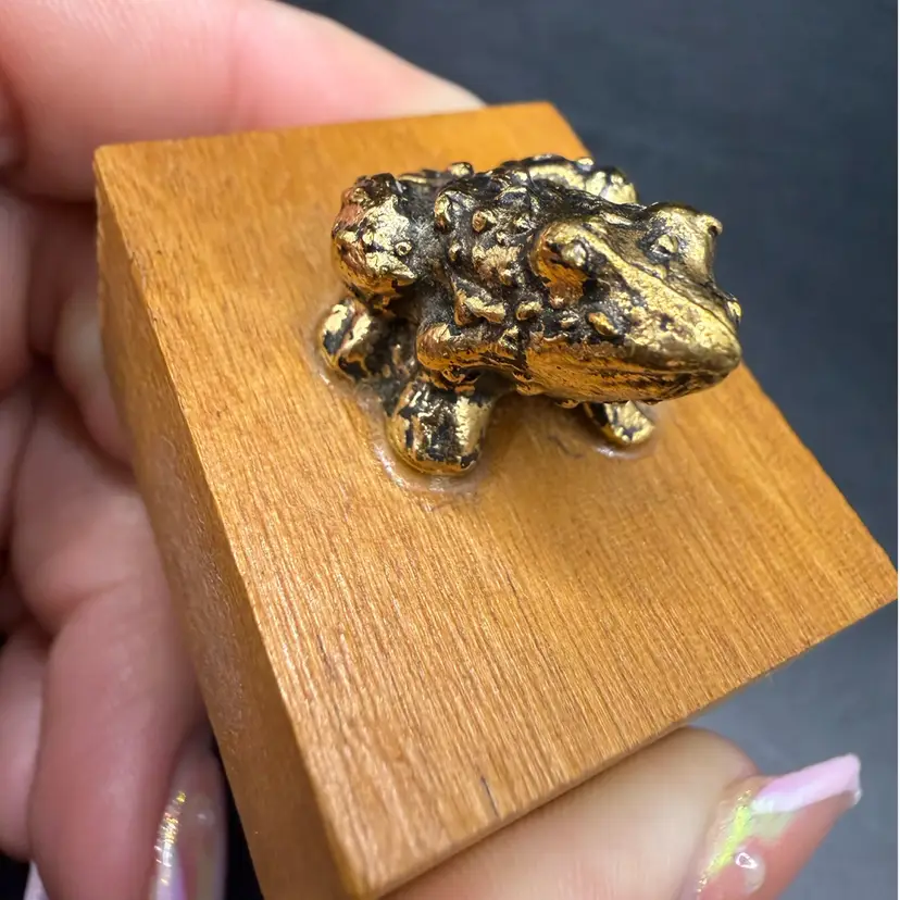Brass Mini Frog On A Wood Block 1.75x1.5”